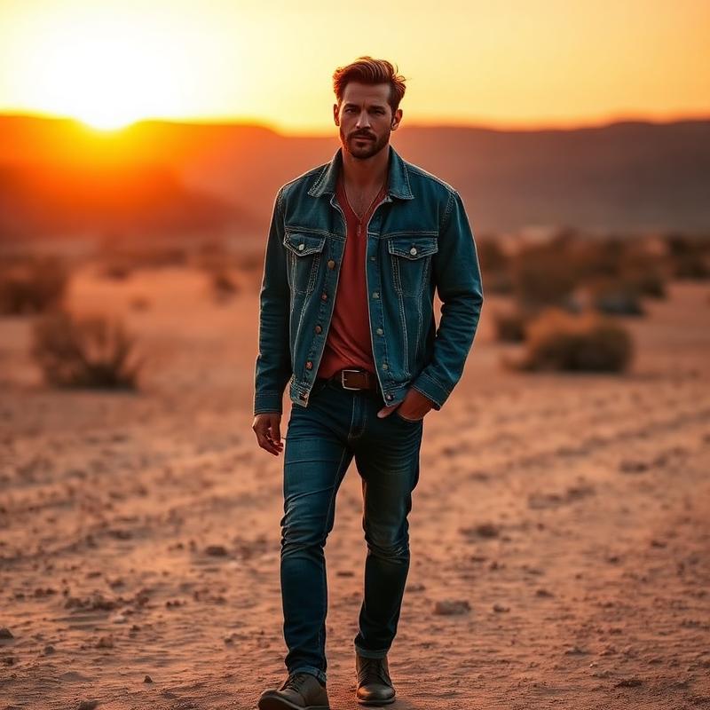 Model in raw indigo denim in desert sunset