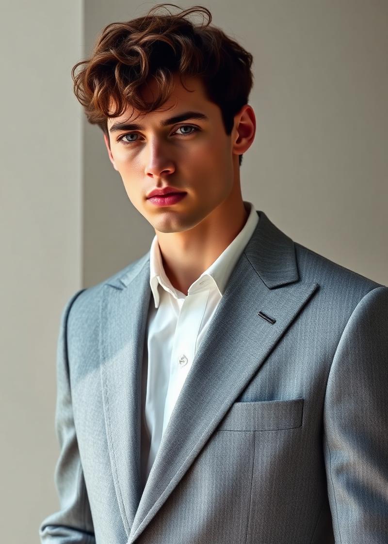 Editorial AI photo of model in grey tailored suit