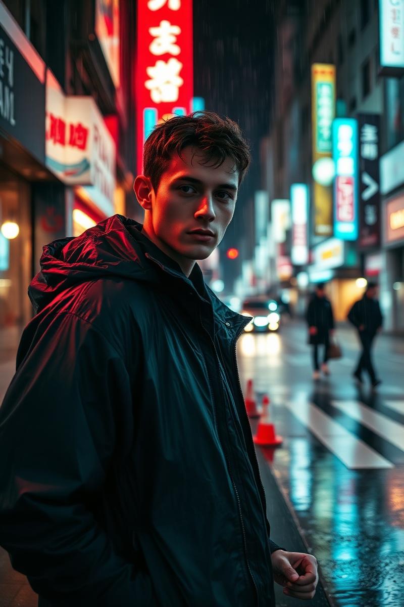 Model in techwear shell jacket in neon city